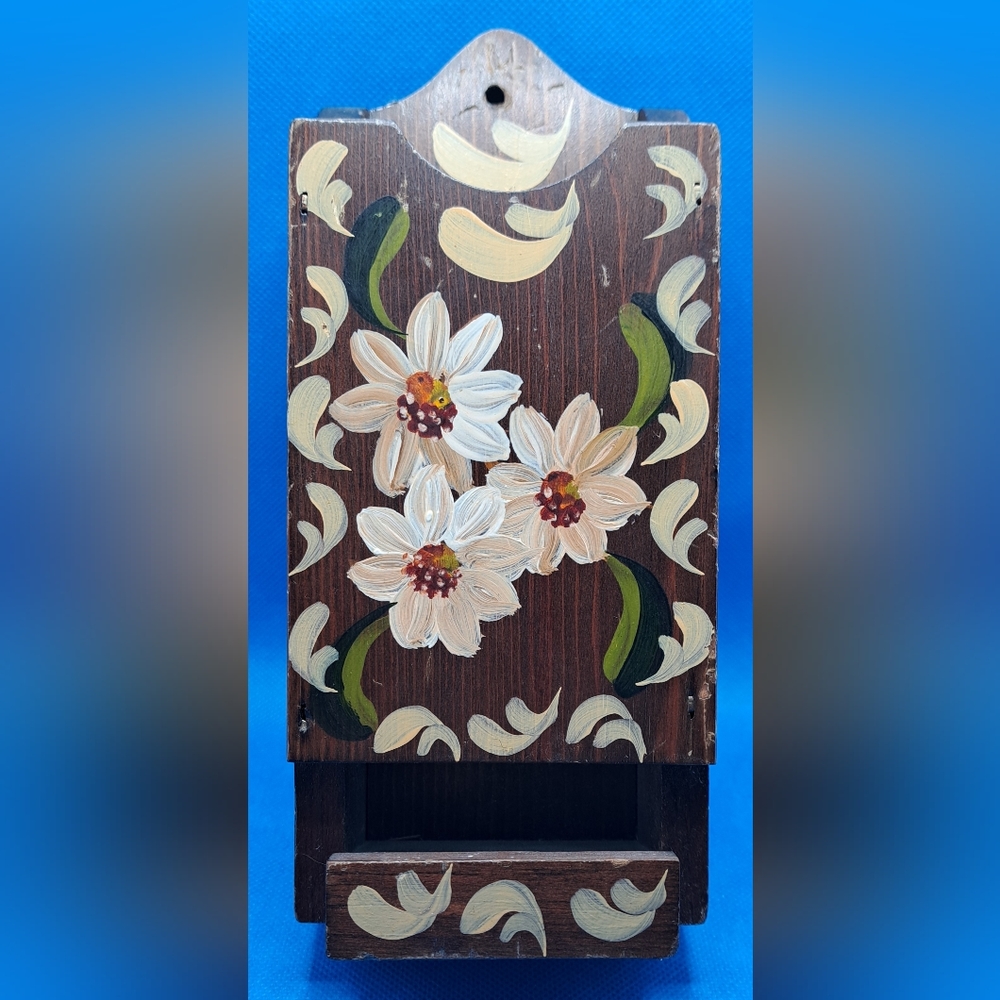 Vintage Hand painted Floral wooden Match Box Holder Wall Pocket